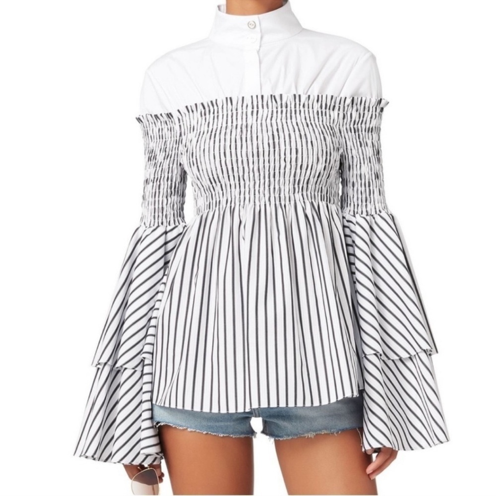 Caroline Constas Ali Layered Striped Smocked Blouse with Bell Sleeves size L - Picture 11 of 11
